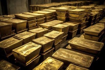 Gold ingots on black background. Financial concept. Generative AI.