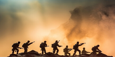 Battle scene. Military silhouettes fighting scene on war fog sky background. Plastic toy soldiers with guns take prisoner the enemy soldiers.