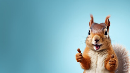 A cute squirrel smiles and gives a thumbs-up in a wide banner with a clean, single-colored background.