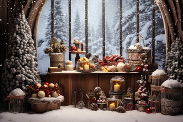 Christmas holiday background decorate with gift boxes, tree and ornaments, happy new year...