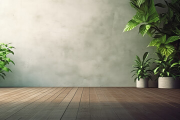 Wooden floor with plants in pots on concrete wall background.
