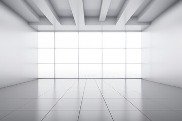 White empty room with windows and tiled floor.