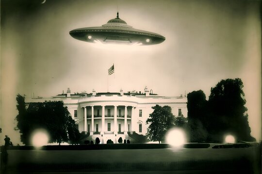 A ufo above The White House 1920 photography style grainy photo bad photo quality 