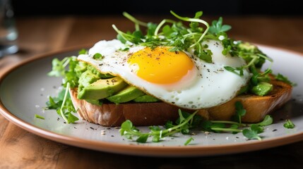 Fototapeta na wymiar toast with egg and avocado on a plate - generative ai