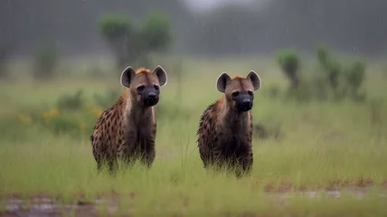 Fotobehang Hyena cubs playing in the rain real photo Ai generated art © Biplob
