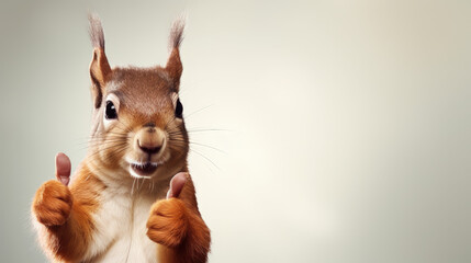 This charming squirrel shows approval with a thumbs-up in a wide banner, offering ample space for text or content.