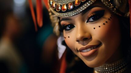 a performer backstage, the anticipation of going on stage reflected in their focused yet excited expression, a confident smile showcasing their readiness to captivate the audience