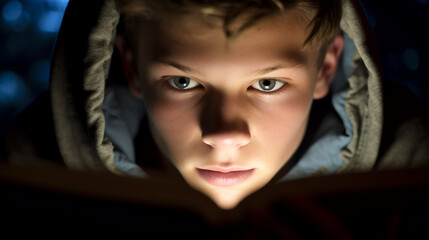 a teenager engrossed in a book, their face illuminated by the soft glow of the pages. They wear casual yet comfortable clothing, a reflection of their love for literature and learning. 