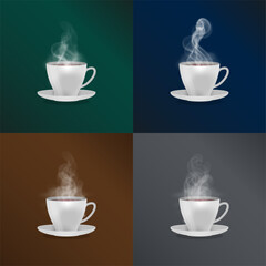 Realistic Vector Steaming Coffee Cups: Set of 4 with Gradient Backgrounds in Dark Blue, Green, Brown, and Gray