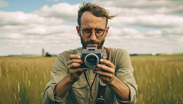 Man taking picture with vintage camera on a field