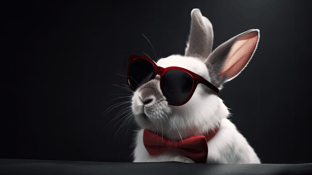 Portrait of a white rabbit wearing a sunglasses and a red butterfly ribbon isolated on a studio background