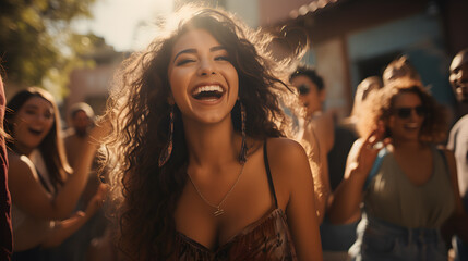 Fototapeta premium mujer latina celebrando en un lugar al aire libre con el sol en su rostro y una hermosa sonrisa en el Día de la Amistad 14 de febrero