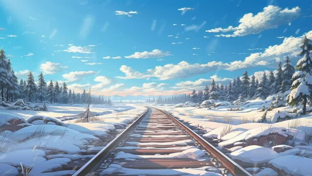 winter scenery. railway tracks on winter. Cartoon or anime illustration style