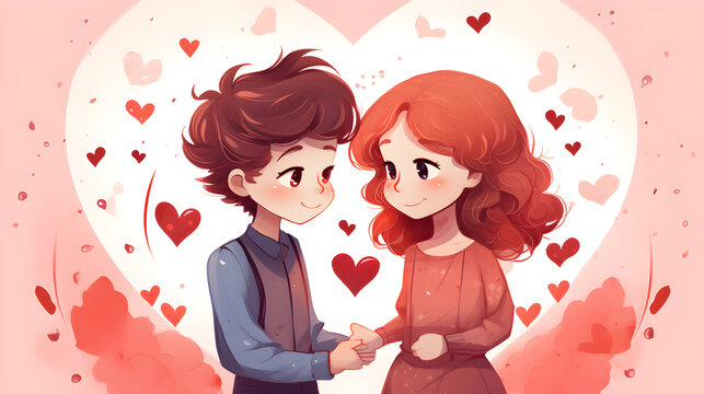 Ilustracion de 14 de febrero con tiernos  dibujos de parejas enamoradas con corazones y fondo blanco 
