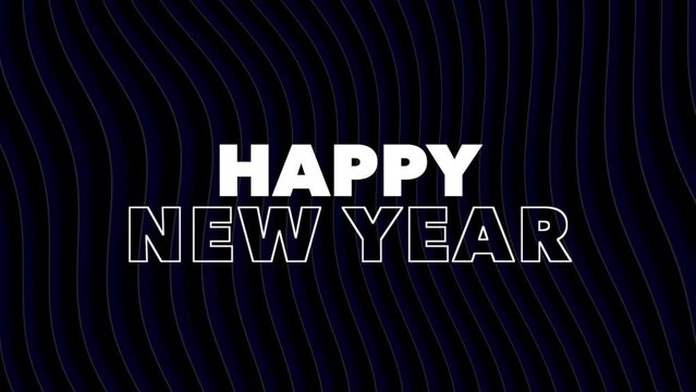Happy New Year with waves and lines pattern on black gradient, motion abstract minimalism, geometric and winter holidays style background