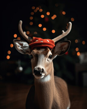 Christmas reindeer wearing an xmas hat isolated on a blurred dark background