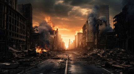 Empty street of burnt up city. Apocalyptic view of city downtown as disaster film poster concept. City destroyed by war - Powered by Adobe