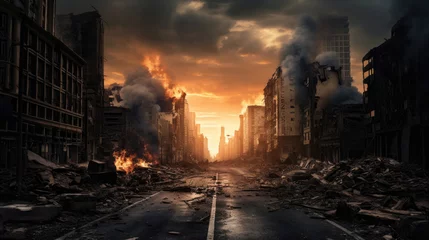 Poster Empty street of burnt up city. Apocalyptic view of city downtown as disaster film poster concept. City destroyed by war © Sasint