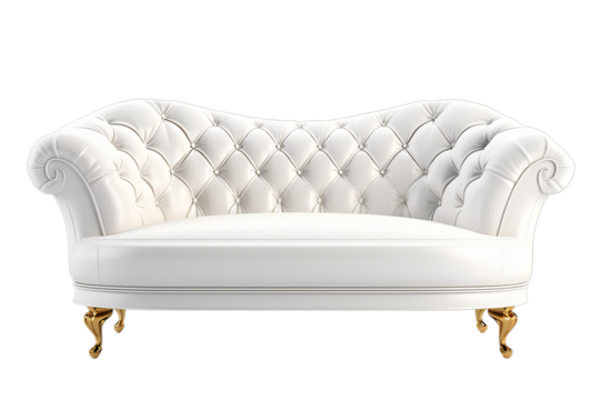 White clean couch in vintage style isolated on transparent background, front view 