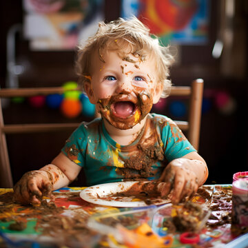 Happy child playing and messing with chocolate at home