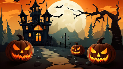 Fototapeta premium Spooky Halloween House in Orange and Bronze