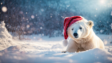 Cute cartoon bear wearing a santa hat on the snow