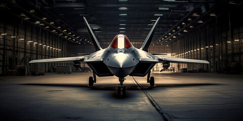 F-22 Raptor parked inside a military hangar - obrazy, fototapety, plakaty