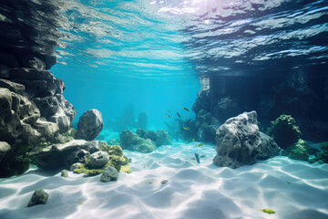 Obraz premium Underwater with colorful sea life fishes and plant at seabed background, Colorful Coral reef landscape in the deep of ocean. Marine life concept, Underwater world scene.