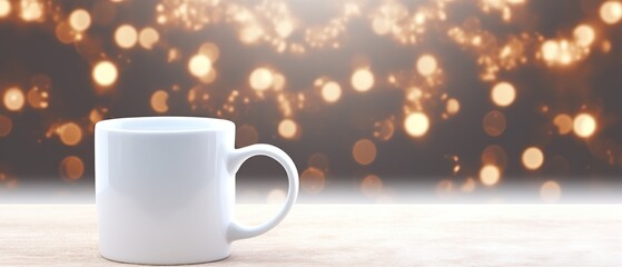 White mug on a white table with bright lights in defocus and gifts in the background. Close-up of a ceramic cup for advertising and design for New Year and Christmas.
