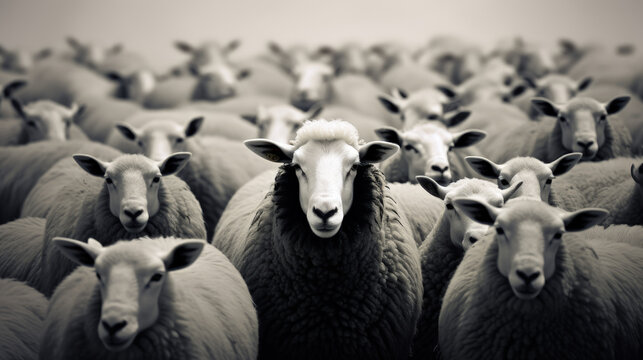 : An intriguing image featuring a black sheep within a flock of white sheep, set against a clean and uncluttered background, symbolizing uniqueness and individuality.