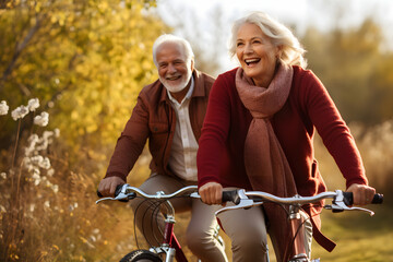 Mature couple cycling along a park in a sunny day