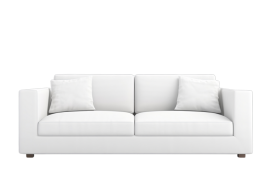 White clean couch in modern style isolated on transparent background, front view.