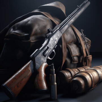 Post apocalyptic shotgun with backpack and ammo in background isolated on a dark background