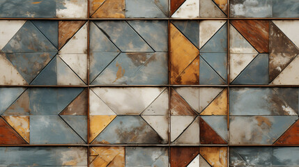 Worn-out porcelain stoneware tiles create a mosaic motif on a rustic concrete surface. Seamless..