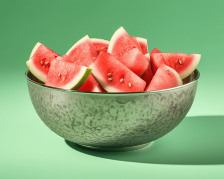 A sliced pieces of watermelon in a metal bowl isolated on a green background