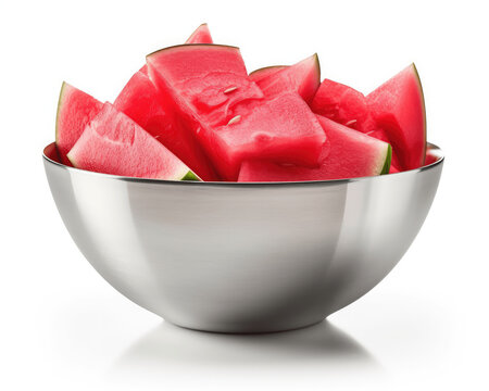 A sliced pieces of watermelon in a metal bowl isolated on a white background