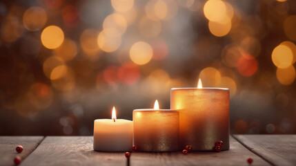 Cozy atmospheric blurred background for Christmas with candles.