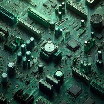 Diagonal View Hi Tech Green Electrical Electronics Processor Chip Hardware Motherboard Printed Circuit Board PCB, A Personal Computer Futuristic Digital Data Industrial Cyber Communication Technology
