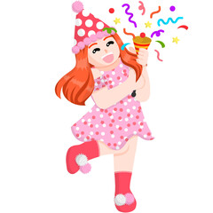 Cute girl in a pink dress with a party popper