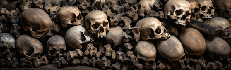 Human skulls and bones of people killed in war in crypt burial in cemeteries. - obrazy, fototapety, plakaty