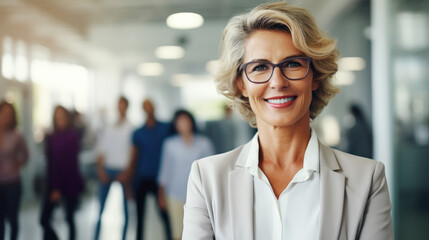 Fototapeta premium A smiling senior businesswoman in a modern office, exuding confidence and happiness.Business Concept