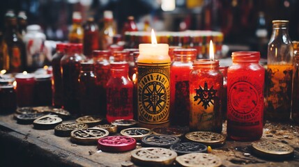 Illustration with occult ritual candles, medallions and bottles. Wallpaper, background. - obrazy, fototapety, plakaty