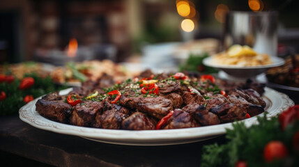 Obraz premium This appetizing image features a plate of perfectly grilled meat, elegantly displayed on a wedding or restaurant buffet, promising a delightful culinary experience for attendees.