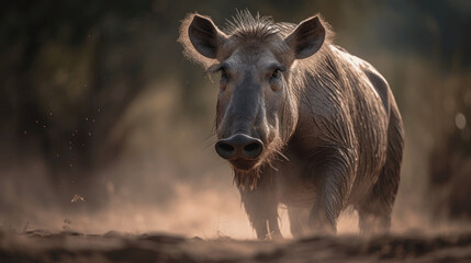 Close up photography of a Hog in Safari, isolated on a blurred forest background