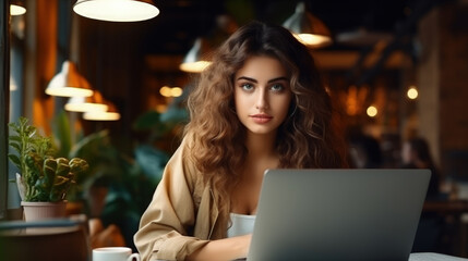 In this image, a lovely young woman, potentially a freelancer or student, is seen working on her laptop at a cafe table, illustrating her commitment to her tasks. - obrazy, fototapety, plakaty