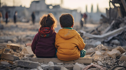 Innocence Amidst the Ruins, Embracing Children in War Torn Debris - obrazy, fototapety, plakaty