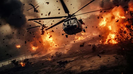 Foto op Canvas Military forces and helicopters between fire and bombs in battle field © Sasint