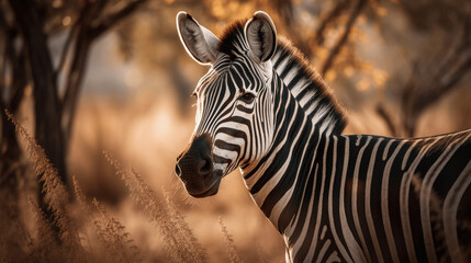 Close up photography of a Zebra in Safari, isolated on a blurred forest background