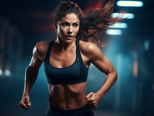 Fototapeta na wymiar Sportswoman running and doing strength training in a gym.
