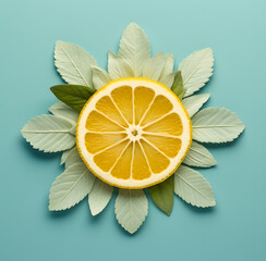 Sun made of slice of lemon and green leaves on bright green background. Fruit summer minimal concept.